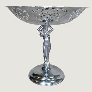 Vintage Farber Bros Krome-Kraft Art Deco Nude Lady Pierced Chrome Compote Bowl